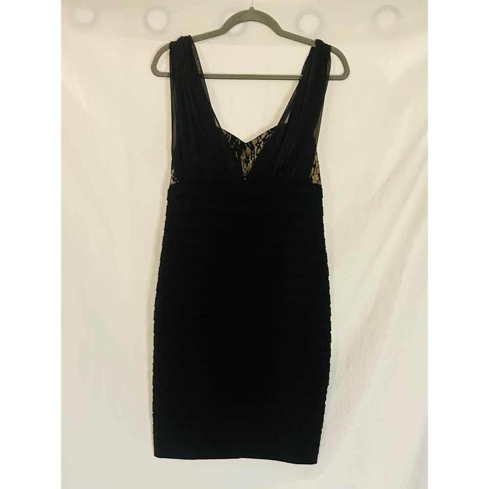 Black Tiered Bandage Cocktail Dress with Lace Bodice and Mesh Straps